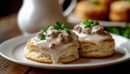 Delicious breakfast meal, biscuits with gravy and sausage. Plate of fresh baked biscuit with creamy sauce, savory sausage