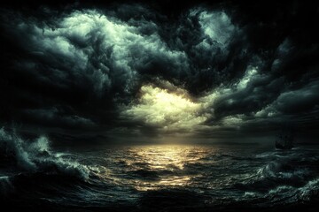 Obraz premium Dramatic seascape with stormy sky and sun