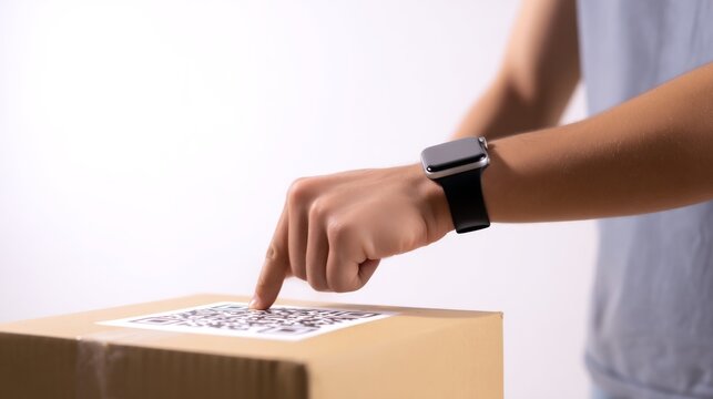 Close up of a male hand wearing a smartwatch, scanning a QR code on a cardboard box, showcasing modern technology and interaction with digital information - Powered by Adobe