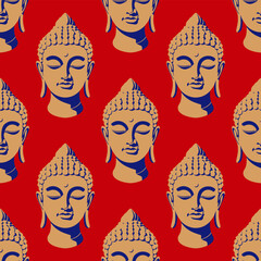 Buddha head. seamless vector pattern on bright red background