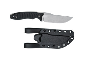 Tactical fixed blade knife and a black Kydex sheath with leather belt loops on a white back