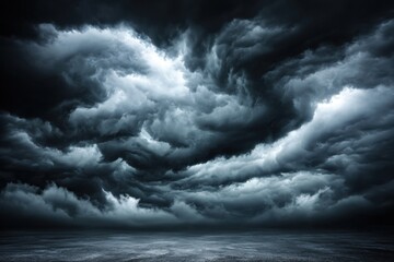 Dramatic dark clouds over a reflective surface, ominous atmosphere