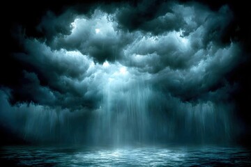 Heavy rain and dark clouds over the ocean, dramatic stormy sky