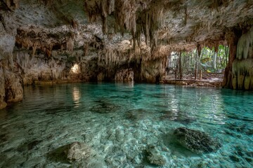 Mysterious cave with crystal clear water, stalactites and sunlight