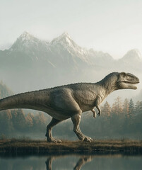 Carcharodontosaurus in a primeval landscape of lakes and mountains
