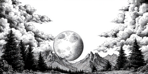 Stunning Black and White Ink Drawing of a Moonrise Over Mountain Peaks with Tree-Lined Foreground and Dramatic Sky