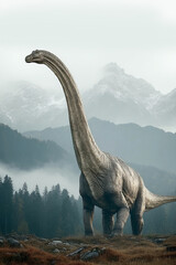 Glacialisaurus stands tall in a prehistoric forest landscape with mountains in the background