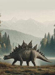 Kentrosaurus roams through a serene landscape of lakes and towering mountains