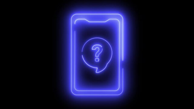 Cell phone icon with question mark and speech bubble, animated neon light	