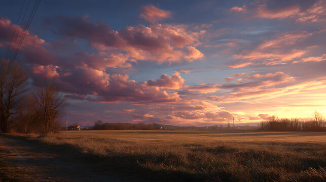 Flat field sunset with warm sun and uncluttered sky 