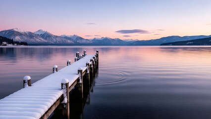 Snow-covered wooden pier extending into a calm lake at sunset with majestic mountains in the background