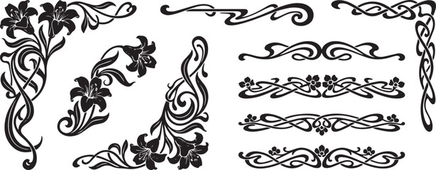 Set of Black Art Nouveau Style Design Elements Comprising Ornate Corner Pieces Horizontal Dividers Floral Accents and Elegant Swirling Lines for Vintage Decoration up to 200 Characters