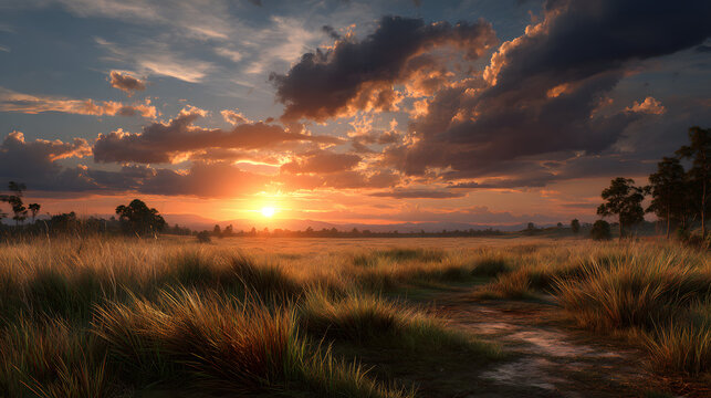 Flat field sunset with warm sun and uncluttered sky 