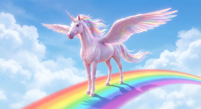 A majestic winged unicorn with a flowing rainbow mane stands gracefully on a vibrant rainbow arc in a dreamy sky