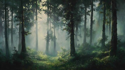 Obraz premium A painting depicts a misty forest, with tall trees and dappled sunlight