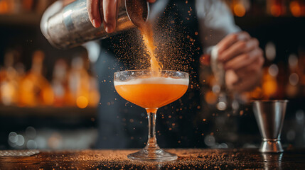 Close up of bartender pouring bitters in a coupe glass