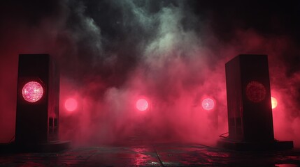 Dark scene with glowing spheres and pillars shrouded in red and gray smoke. Dramatic atmosphere