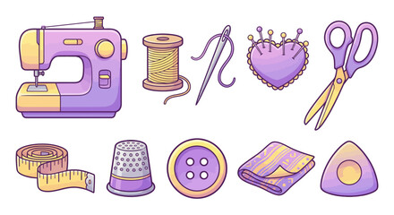 Sewing machine and accessories arranged on a white background showcasing various tools for crafting and tailoring