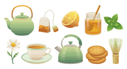 Tea time setup with tea pot, cup, honey, and cookies on a table