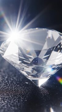 Close view of a shiny diamond on a dark surface with light reflections and sparkles