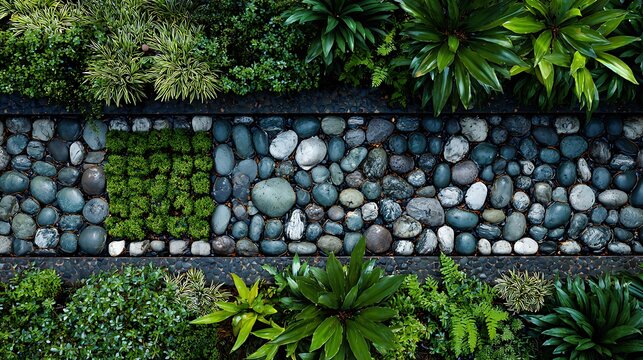 Overhead view showcasing a tranquil zen garden with a stone pathway and lush greenery