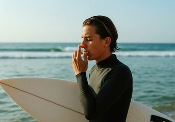 Young surfer applying orange zinc sunblock to his nose on beach. Man in wetsuit with surfboard preparing for water sport at golden hour