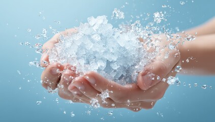 Fototapeta premium Ice cubes splash in hands Blue background.
