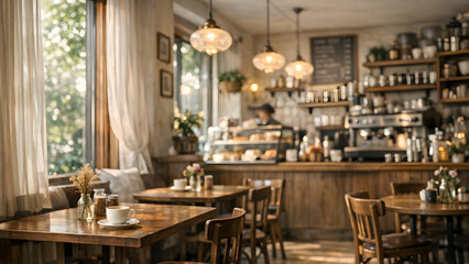 Luxury cafe interior featuring elegant tables and chairs with modern decor in setting