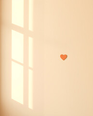 Tiny orange paper heart attached to pale wall with strong sunlight casting shadows