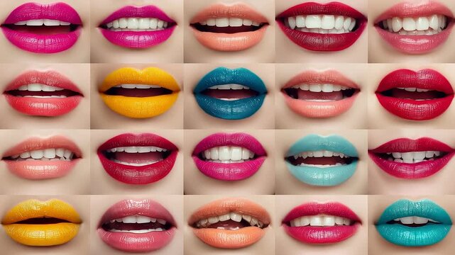 Colorful lips collage with multiple expressions and lipstick variations