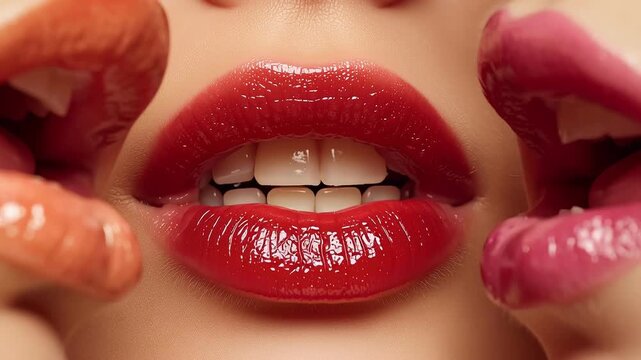 Glossy red lips surrounded by colorful lips in creative beauty concept