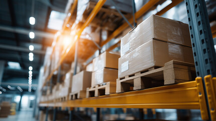 Industrial shelf racking system full of uniform cartons at professional logistics warehouse organized storage system systematic inventory organization distribution center