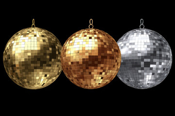 Elegant Golden and Silver 3D Disco Balls on Black Background, Perfect for Party Invitations and Event Promotions