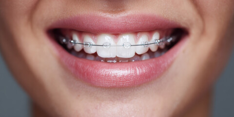 Obraz premium Radiant Smile: Close-Up of Young Woman with Braces Showcasing Confidence and Dental Health