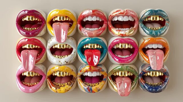 Surreal talking lips collection with gold teeth and artistic paint texture