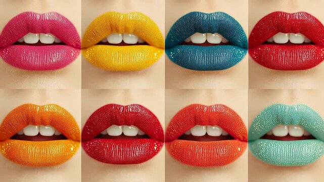 Glossy colorful lips grid representing talking mouths in pop art concept