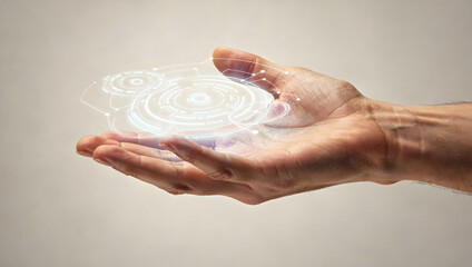 Closeup of a human hand and fingers holding a digital hologram isolated on background as a business technology symbol