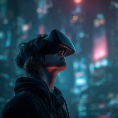 Close-up of a person wearing a VR headset, immersed in a neon-lit virtual cityscape. Perfect for VR concepts, technology themes, and digital backgrounds