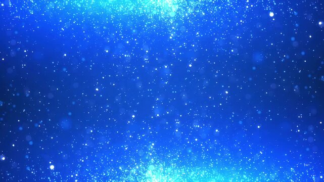 Blue Particle World Evolution 4K Loop features a blue atmosphere with light blue lighting on the top and bottom of the frame with particles moving to and fro in a loop.