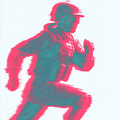 Abstract illustration of a modern soldier running, neon glitch effect, futuristic military concept on light background