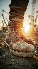 Close-up of worn work boots on construction site with cranes at sunset, labor and industry concept