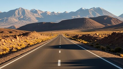 Road to the Andes Mountains: Scenic Highway Through Atacama Desert Landscape, South America. Travel Destination & Exploration Stock Photo for Tourism & Adventure.
