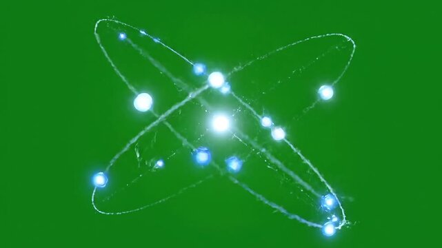 Glowing blue atomic particles arranged in the shape of an x on a green screen background.