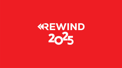 Vibrant white "REWIND 2025" typography with rewind arrow on solid red background. Perfect for year-in-review graphics, recap videos, social media banners, annual summaries. Bold modern vector design. 