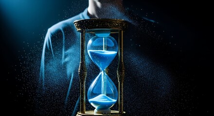 Man holding glowing blue hourglass.