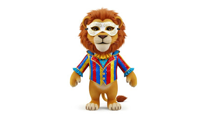 Obraz premium A charming cartoon lion dressed in an elegant costume, wearing a mask and colorful outfit. The lion has a friendly expression and is full of character isolated on white background.generative ai