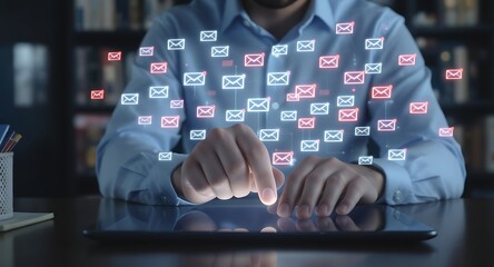 Man interacting with digital tablet technology.