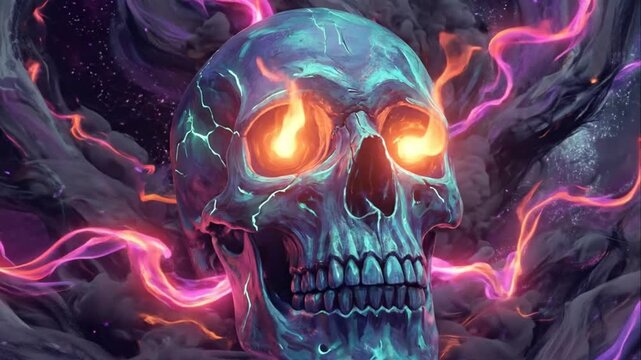 Burning skull with fire eyes surrounded by mystical purple smoke