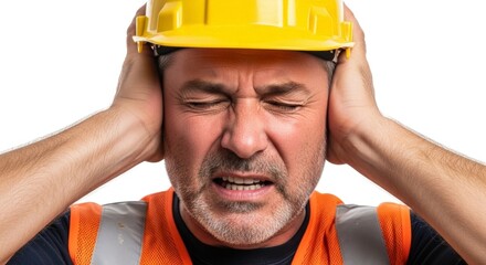 A construction worker covering his ears with a hard hat, noise at a construction site