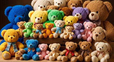 Colorful collection of teddy bears arranged together